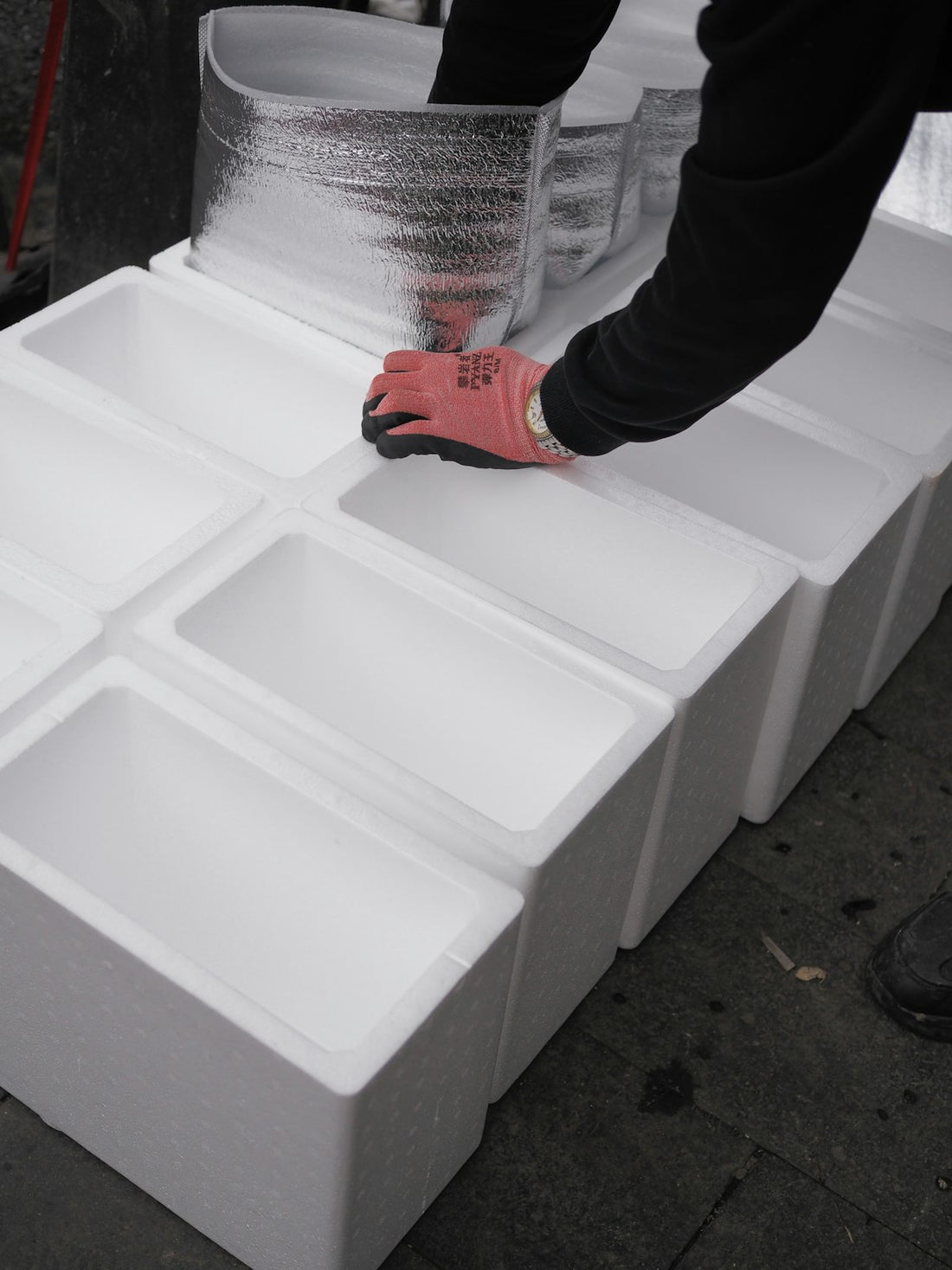 Hands arranging insulated shipping boxes in a line